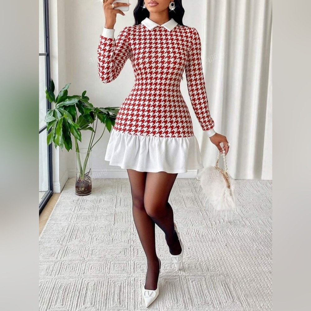 Women's Autumn Houndstooth Print Contrast Collar Long Sleeve Ruffle Hem Dress